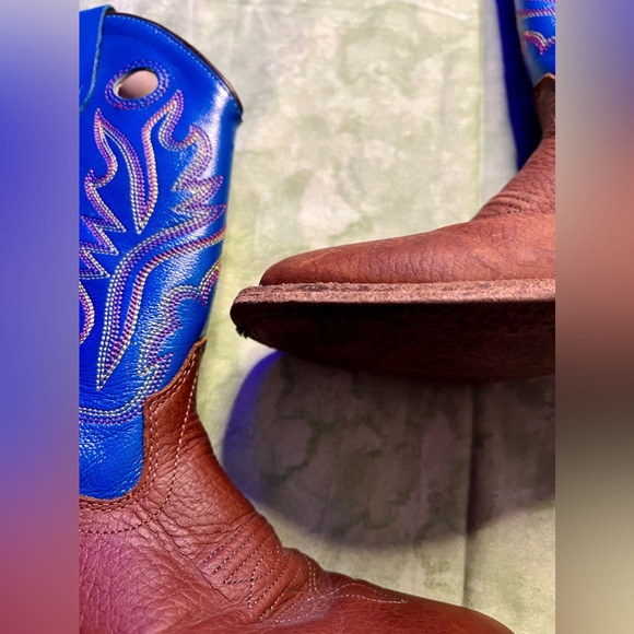 Old West Kids Oiled Rusty Brown and Blue Corona Calf Square Toe Cowboy Boots - Picture 3 of 8